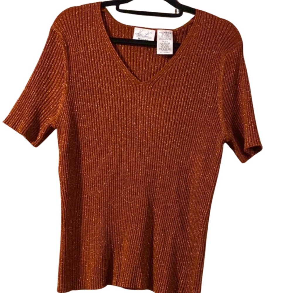 Kathie Lee Orange Shimmer Knit Top 14W/16W Ribbed Stretch Short Sleeve
